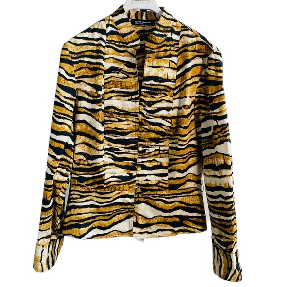 Tiger Print Pleated Front Mandarin Collar Long Sleeve Top Size M - Picture 1 of 10
